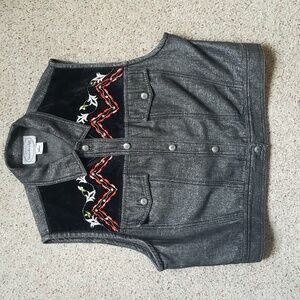 Vintage Stonebridge black denim metallic embroidered vest with collar bling L